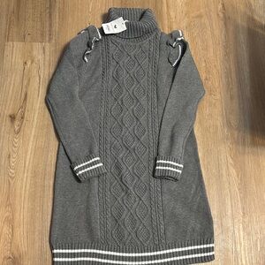 Gray Cowl Neck Cable Knit Dress with Striped Accents